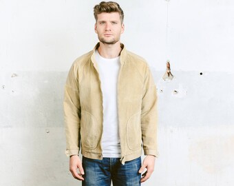 Vintage 70s CORDUROY Bomber Jacket . Mens Beige Field Blazer Thick Corduroy Short Coat 1970s Outerwear . size Medium