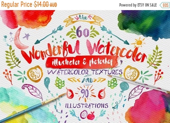 70% OFF Sale Wonderful Watercolor Digital Graphic Design Kit - Hand Painted Textures and Illustrations