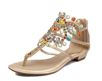 Rhinestone Gladiator Leather Sandals