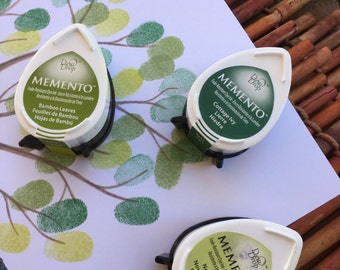 set of 3 green Memento stamp pads, mini stamp pads, small stamp pads,memento dew drop stamp pads, fingerprint ink pads, fingerprint tree