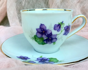 Vintage1950s Schwarzenhammer Porcelain Bavaria Germany Demitasse Cup and Saucer Purple Violets Gold Trim Shabby Chic Bridal Birthday Gift