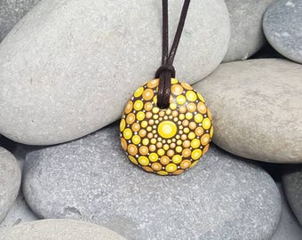 Sunshine Painted Necklace - Yellow Painted Rock - Hand-Painted Mandala Rock - Painted Stone - Mandala Pendant - Chakra - Meditation - Unique
