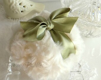 Green and Ivory Powder Puff - olive green and cream plush - gift box option - handmade by Bonny Bubbles