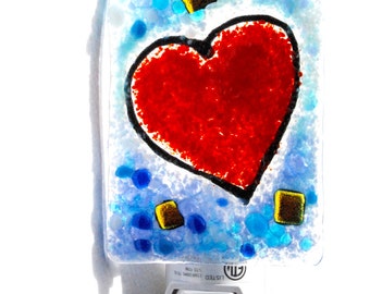 Heart Night Light, fused Glass, heart wall light, glass night light, valentine light, heart light, glass heart light