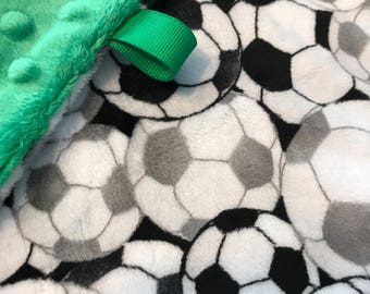 Minky Lovey, Security Blanket Soccer Print Minky with Kelly Green Dimple Dot Minky Backing - great for a new baby