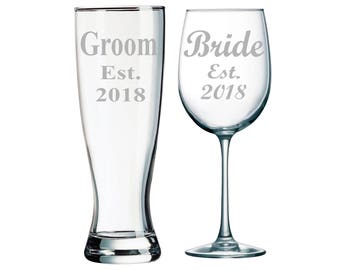 Groom est. 2018 Beer Pilsner Glass and Bride est. 2018 Wine Glass set