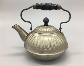 Antique Ribbed Metal Tea Kettle with Black Wood Handle. Vintage Farmhouse Metal Tea Kettle