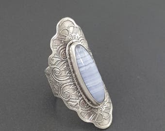 Blue Lace Agate Saddle Ring, size 9 ring, sterling silver, blue lace agate ring, silver saddle ring, boho ring, bohemian ring, michele grady
