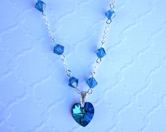 Bermuda Blue Swarovski Heart Charm Necklace Sterling Silver