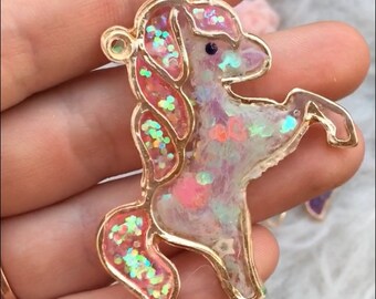 Shiny glitter unicorn resin open bezel charm