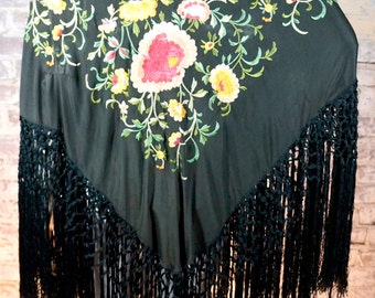 1930s beautiful floral embroidered black fringe piano scarf