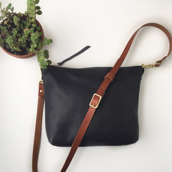 Black Leather Crossbody Bag with Brown Strap // Hobo Bag