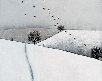 Snowy Landscape with Sheep and Birds - 8x8 Art Print - Winter Painting - by Natasha Newton