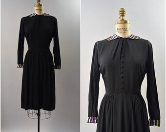 SUMMER SALE 1940's black rayon peter pan collar ribbon dress • small