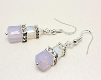 Swarovski Crystal Cube Earrings, Blush Pink, Rosewater Opal, White Opal, Sterling Silver, Bridal Earrings, Wedding, Bridesmaid Earrings