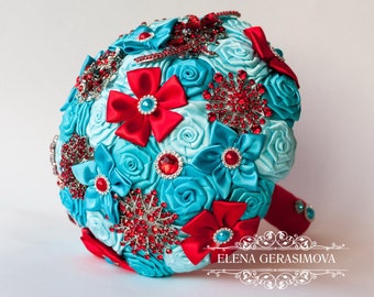 Brooch Bouquet. Turquoise blue red Fabric Bouquet, Unique Wedding Bridal Bouquet