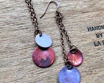 Copper Patina Dangle Disc Earrings - hand forged turquoise or lavender round drops