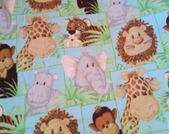 Jungle Babies Giraffe Elephant Lion Monkey Hippo BLUE Fleece Fabric by the Yard