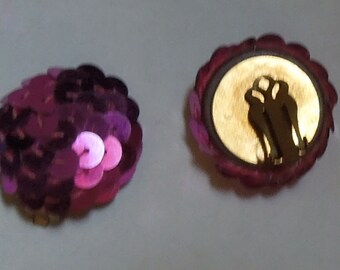 Vintage Magenta Sequin Clip Button Earrings
