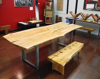 Natural Edge Salvaged Maple Slab Dining Table with Walnut Butterflys