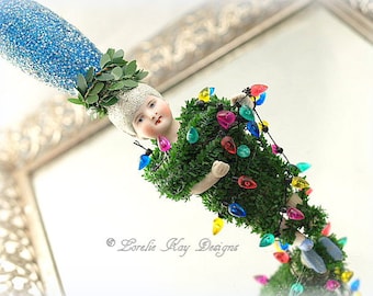 Stringing Up The Lights Art Doll Ornament Christmas Bulb Light Holiday Tree Decoration Lorelie Kay Original