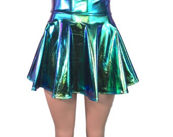 Holographic Oil Slick Metallic High Waisted Skater Skirt- Clubwear, Rave Wear, Mini Circle Skirt