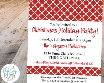 Quatrefoil Christmas Party Printable Invitation Template, 5x7in - Red and White - Double-Sided - Instant Download - Holiday Parties