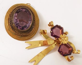Lot of 2 Vintage Brooches/Pins/Pendants Gold Overlay Purple Stones