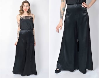 Vintage 1970's Wide Leg Black Satin Pants/ 70's High Waisted Palazzo Pants Size X-small
