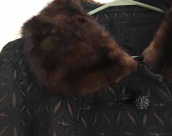 Black & Brown Patterned Coat w/ Fur Collar