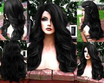Black Lace Front Wig // Long Baby Hair Wavy Off Black Heat Safe Lace Front & Part Curly Wig // #am12