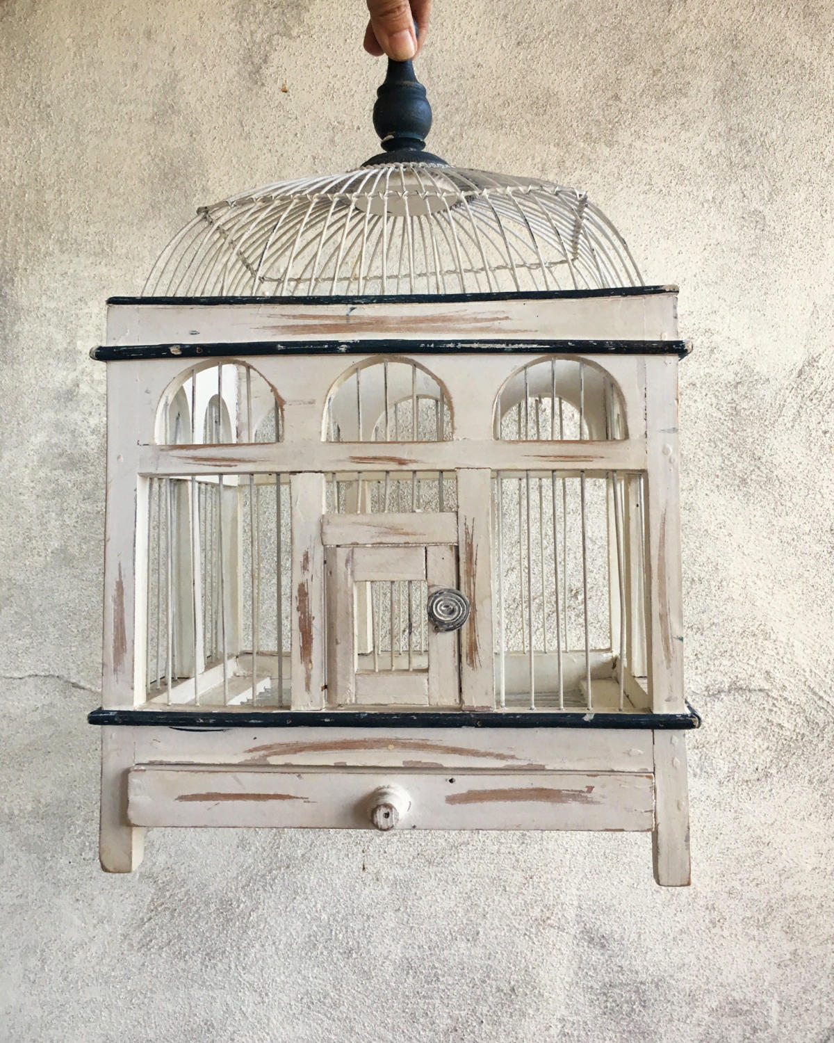 Distressed French Country vintage bird cage wood metal, decorative bird