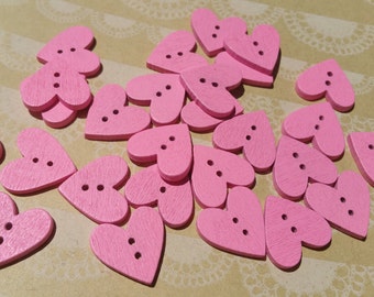 Wood Pink Heart Buttons - Pink Wooden Heart Button - Bulk Buttons - 3/4" Wide - 25 Buttons