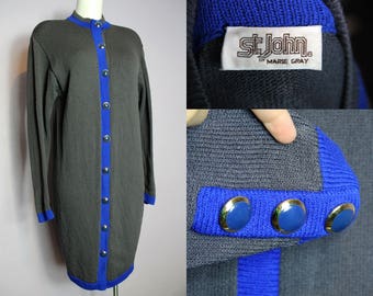 Sale /// Vintage 70's ST JOHN By Marie Gray Grey Santana Knit Blue Trim Cardigan Dress US 8 M