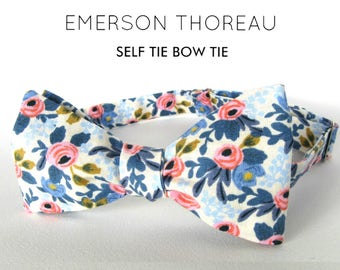 White Floral Bow Tie / Self Tie Handcrafted Menswear Bowtie Cotton Flower Spring Wedding Groomsmen Custom Freestyle Adjustable Various Sizes
