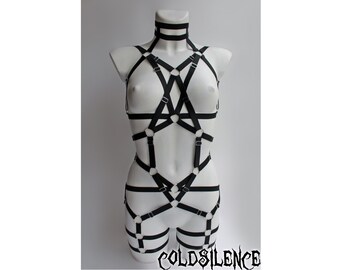 Full body harness bondage adjustable garter style cage bra burlesque goth fashion elastic