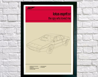 James Bond print, Bond cars, 007 poster print, The Spy Who Loved Me, Lotus Esprit S1, James Bond Poster, Present for Him Fathers Day Present