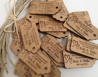 50 x Engraved Wooden Wedding Gift Tags with Raffia Tie