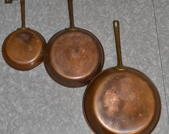 Vintage Hanging Copper & Brass Pan Set of 3 ~ Copper Saute Pans~ Vintage Cookware