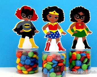African American Girl Superhero Birthday Party Favor / Super Hero Gifts / Candy Container / Candy Buffet / Party Favor Boxes / Kids Favors