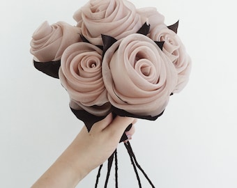 artificial flowers bouquet organza flowers fabric flowers wedding bouquet wedding flowers rolled flowers rolled roses ash roses dusty rose