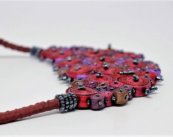 Statement necklace red, bib necklace red, textile necklace, fabric necklace, personalized gift for woman, gift for her - fiber art jewelry