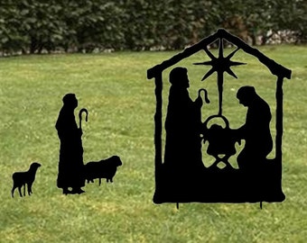 Nativity Scene / Garden / Stake / Manger / Baby Jesus / Christmas / Decoration / Outdoor / Metal / Yard / Lawn Ornament / Iron / Art