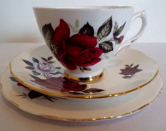 Vintage Mismatched Tea Cup and Saucer with Red and White Roses. Red Roses Colclough Teacup and Cake Plate Trio. Great For A Tea Party
