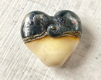 Heart focal lampwork glass bead, light cream and metallic black with silvered band, Handmade lampwork glass beads, by GlassBeadArt, SRA F12