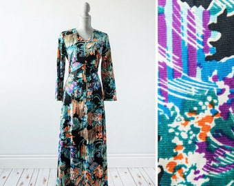 Vintage Maxi Dress Boho Dress Floral Maxi Dress 70s Dress Boho Maxi Dress Long Sleeve Hippie Long Dress Tropical Hippy Print Size Large