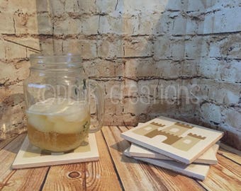 Sand Castle Tile Coaster set. drink coasters, coasters, sand castle, sand, beach, castle, tile coasters, coaster set, sand castle coasters