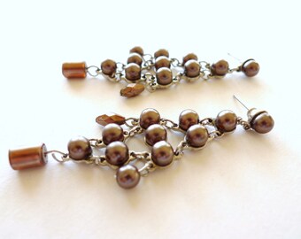 Dark Wine Pearl Beads Silver Chandelier Dangle Earrings