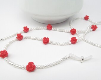 Pearls and Roses Glasses Chain, eyeglass chain, reading glasses chain, glasses holder necklace, womens glasses, glasses cord, Kalxdesigns