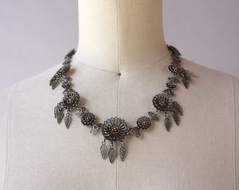Victorian Filigree Necklace / Antique Silver Filigree Fringe Necklace / Vintage Victorian Floral Filigree Necklace